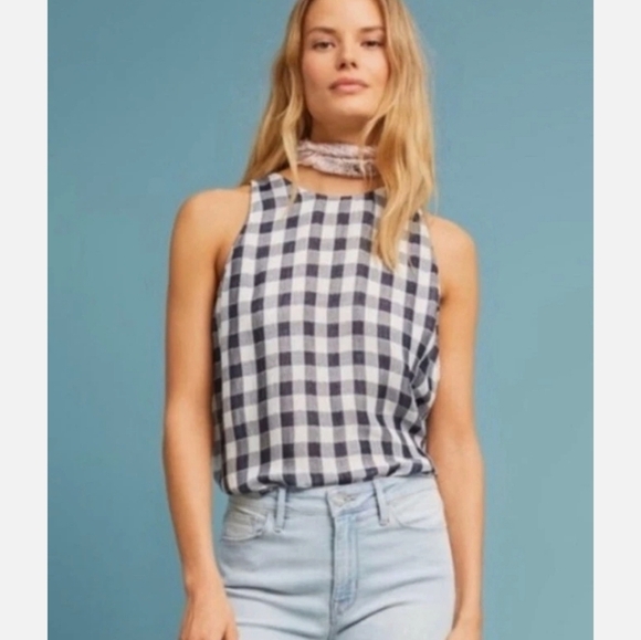 Cloth & Stone Anthropologie Navy and White Gingham Sleeveless Blouse - Picture 3 of 15